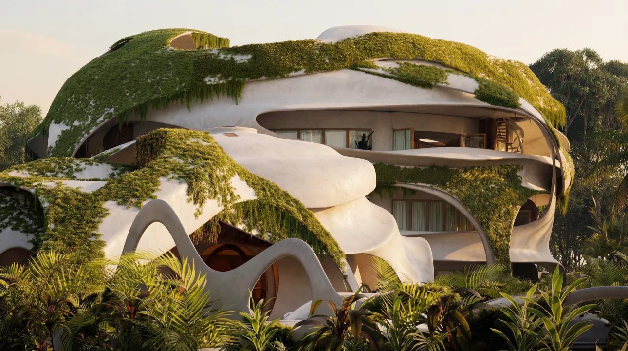 Curved, line-free Roth Architecture facade of AZULIK Residences in Aldea Zama, Tulum