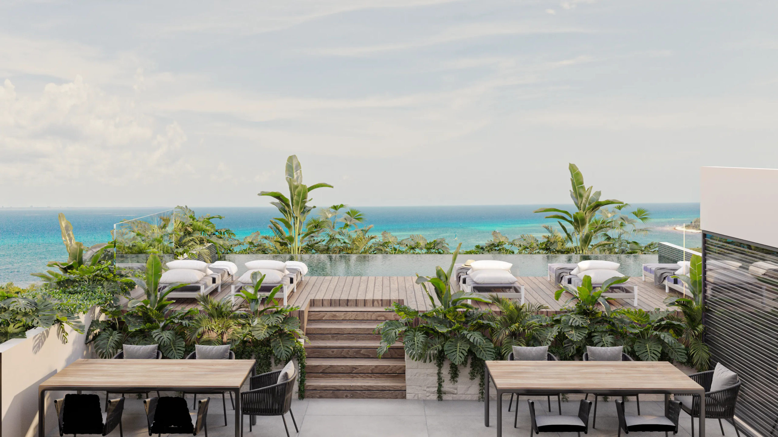 Rooftop pool and sun loungers at Nikki Ocean in downtown Playa del Carmen