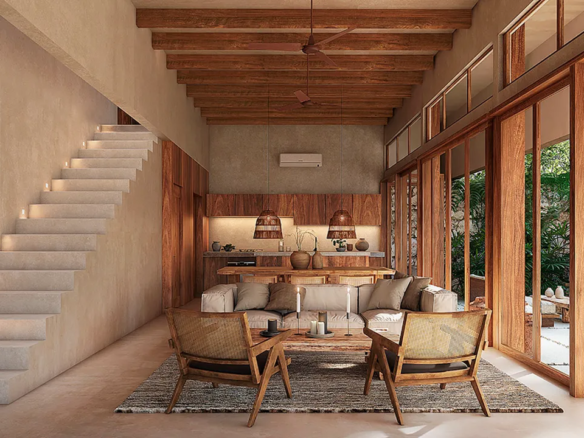 Open interior of a four-bedroom villa at Kokoon Bohemio in Tulum.