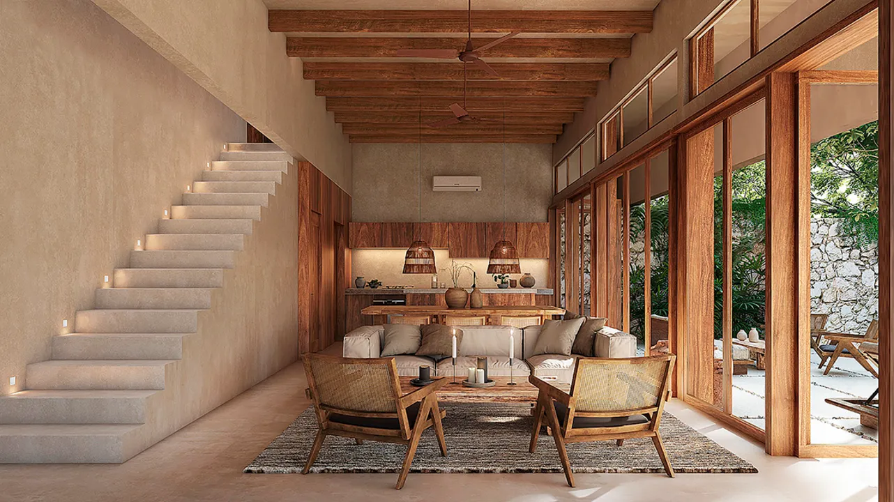 Open interior of a four-bedroom villa at Kokoon Bohemio in Tulum.