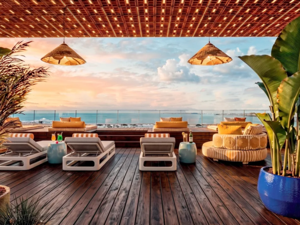 Rofftop pool and lounge at mondrian residences cancun